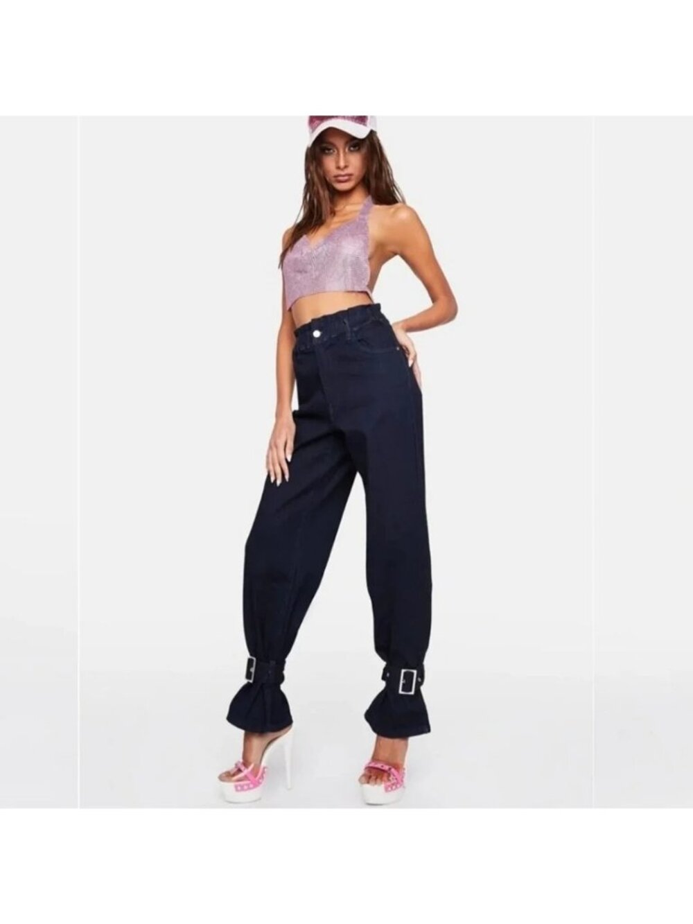 WeWoreWhat Paperbag Straight Ankle Stretch Buckle dark jeans 25